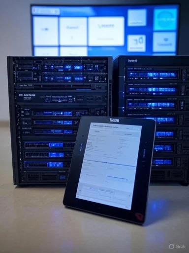 A tablet sits in front of blue-lit server racks in a data center.