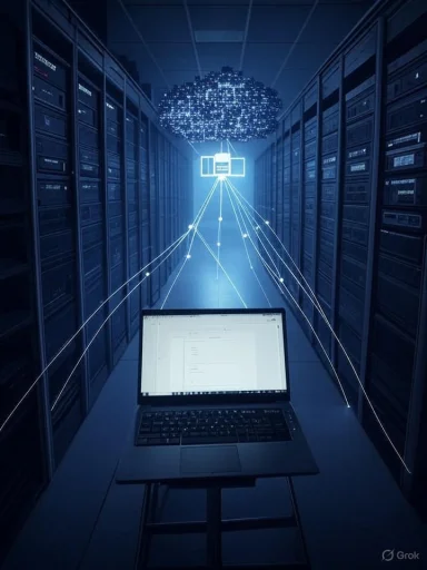 Laptop in a data center connects to a cloud-like hub via glowing network lines.