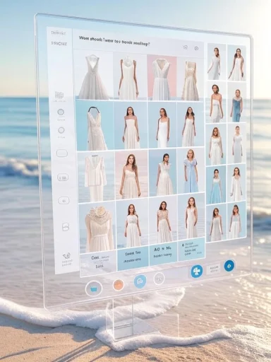 A transparent touchscreen displays a grid of wedding dresses on a sunny beach.