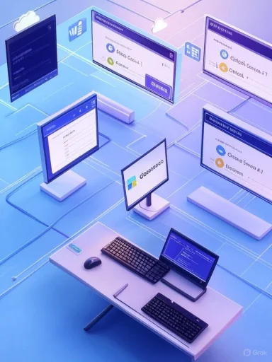 Blue-toned futuristic data-center workspace with multiple monitors and a desk setup.