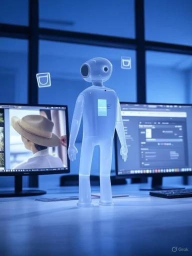 A translucent humanoid robot figurine stands on a desk between two blue-lit computer monitors.