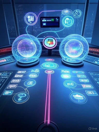 A futuristic control console with holographic blue interfaces and two glowing glass spheres.