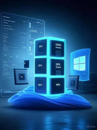 A neon-blue sci‑fi chip tower with CPU and NPU blocks, hovering above a blue wave beside a Windows logo.