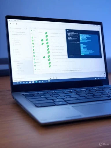 Laptop on a wooden desk shows a software dashboard with charts and a code window.