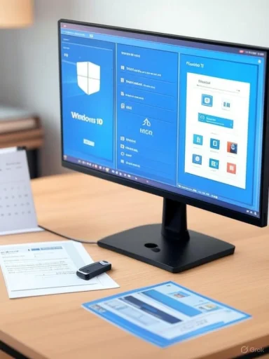 Desk setup with a monitor displaying Windows 10 tile interface and a USB flash drive on papers.