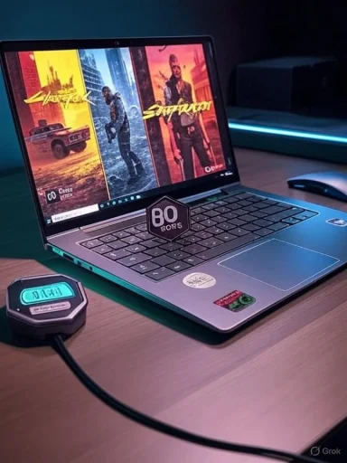 A laptop displays neon, three-panel game art; a hexagonal stand sits on the keyboard.