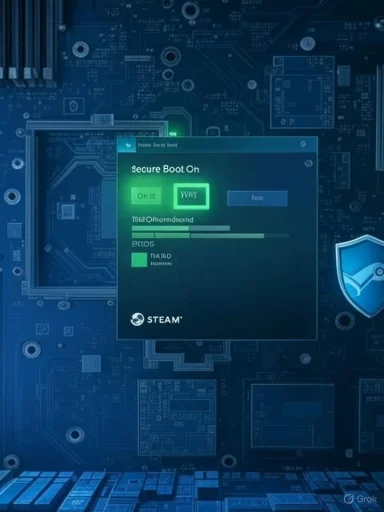 Blue circuit-board backdrop with a Steam boot screen showing “Secure Boot On.”