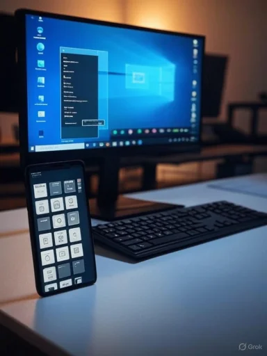 A computer workstation with a large monitor and keyboard, plus a phone displaying app icons.