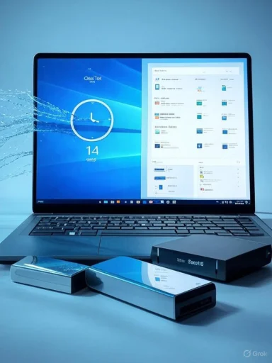 A laptop showing Windows 10 desktop, flanked by two chrome USB dongles on a blue-lit desk.