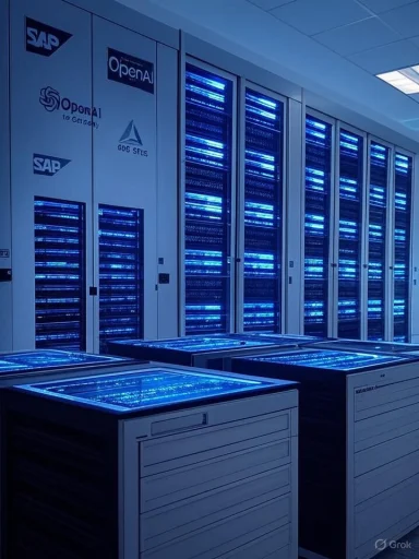 Blue-lit server racks fill a data center.