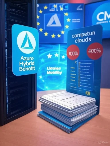 Exhibit stand promoting Azure Hybrid Benefit and cloud licenses beside a server rack. Exhibit stand promoting Azure Hybrid Benefit and cloud licenses beside a server rack.