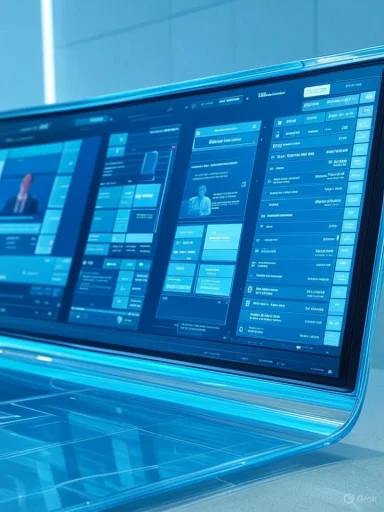 Blue-toned laptop screen with a dashboard of widgets.