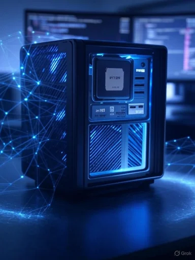A blue-lit server tower glows with circuitry against a backdrop of network lines. A blue-lit server tower glows with circuitry against a backdrop of network lines.