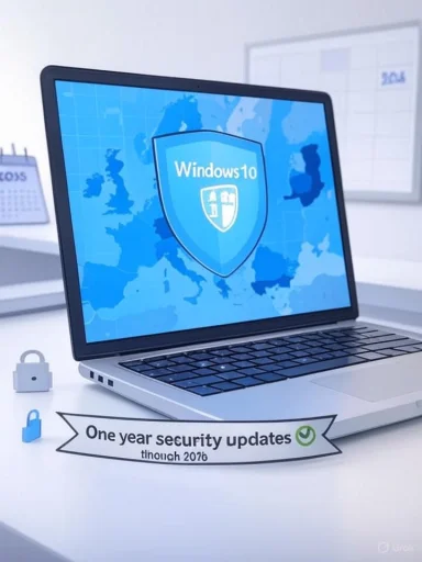 Laptop screen shows a Windows 10 shield on a world map, with a ribbon reading 'One year security updates.'
