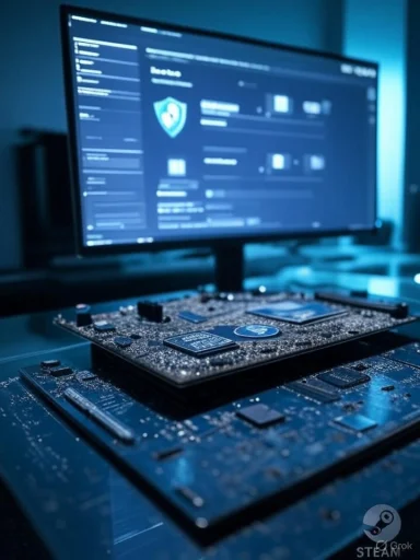 Blurred monitor behind stacked PCBs and chips on a desk in a high-tech setup.