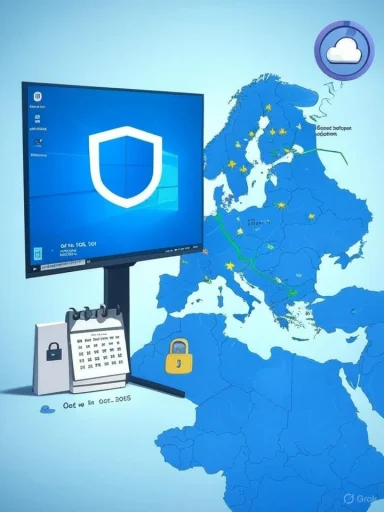 Europe map with cyber-security icons, a Windows shield on a monitor, and padlocks.