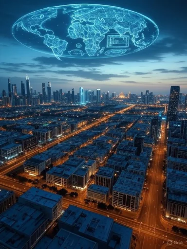 A glowing holographic world map hovers above a futuristic cityscape at dusk.
