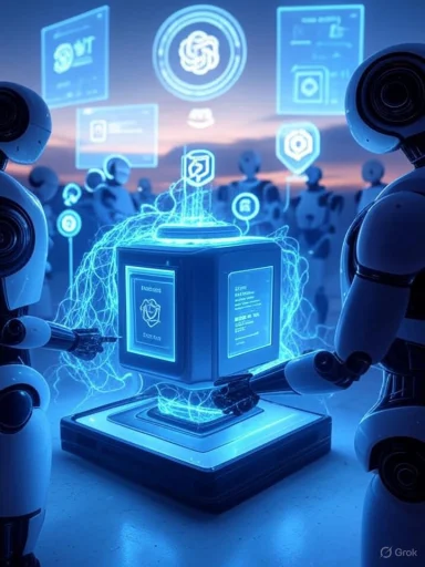 Robots assemble a glowing holographic cube amid floating digital screens.