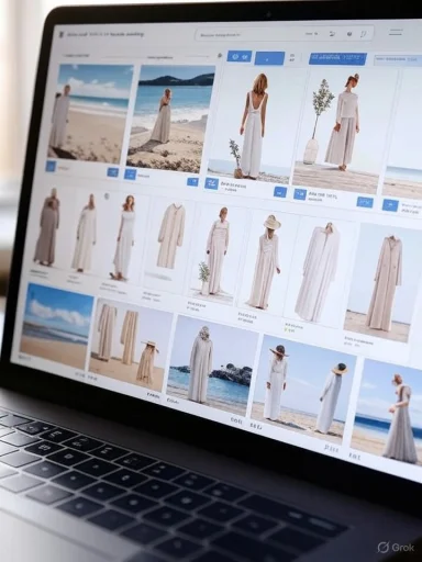 Laptop screen showing a grid of beige beachwear maxi dresses in a fashion catalog.