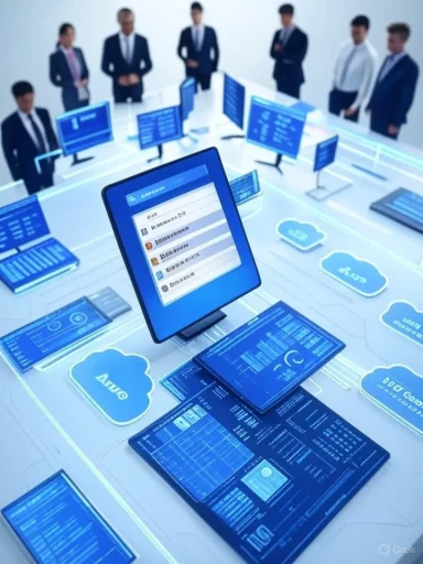 A corporate team reviews blue digital dashboards and cloud data on multiple screens surrounding a central tablet.