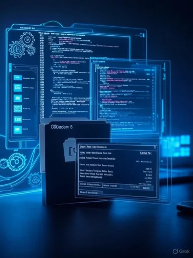 Neon blue holographic screens glow with code and data.