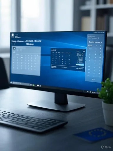 A sleek desk setup with a curved monitor, keyboard, plant, and an EU flag card.