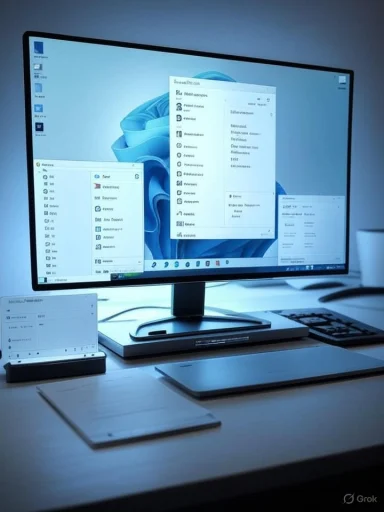 A computer monitor on a clean desk shows Windows with multiple open windows against a blue wallpaper.
