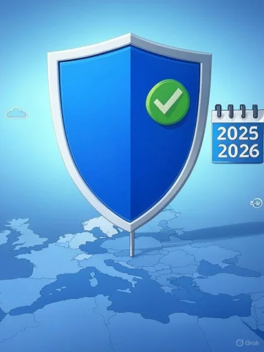 A blue shield with a green checkmark over a map of Europe, signaling security for 2025–2026.