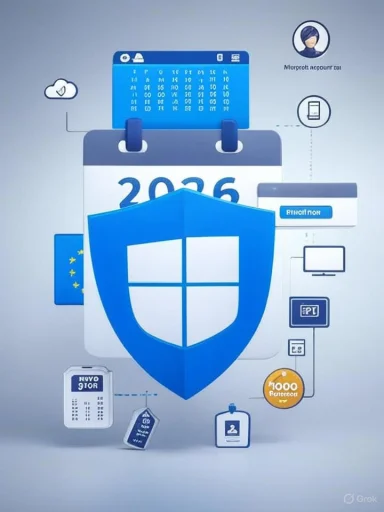 A blue shield over a 2026 calendar, surrounded by digital security icons.