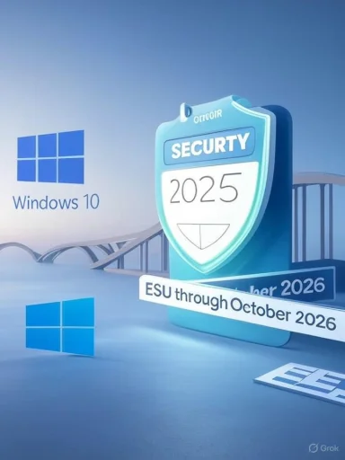 Promotional Windows 10 graphic featuring a Security 2025 shield and ESU banner through Oct 2026.