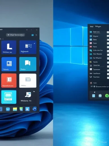 Split-screen: left shows a dark app grid, right shows a Windows 11 desktop.