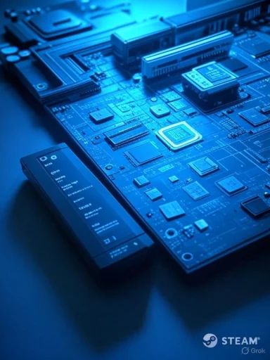 Blue-tinted computer motherboard with CPU socket and PCIe slots.