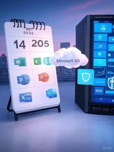 A calendar stand showing MS Office icons beside a cloud labeled Microsoft 365 near a server. A calendar stand showing MS Office icons beside a cloud labeled Microsoft 365 near a server.