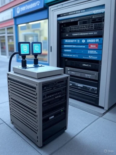 A compact server cabinet with two blue-lit indicators sits on a sidewalk beside a larger network rack.