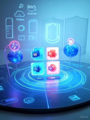 A futuristic holographic workstation with Word and PowerPoint icons floating above a glowing circular interface.
