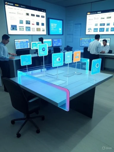 A high-tech demonstration table with glowing panels and multiple screens in a modern control room.