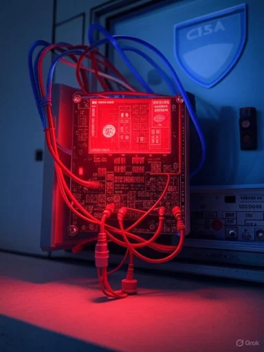 A red-lit circuit board with tangled cables connected to a test device in a lab.