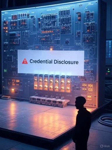 A massive server panel glows with a 'Credential Disclosure' sign and a silhouetted figure.