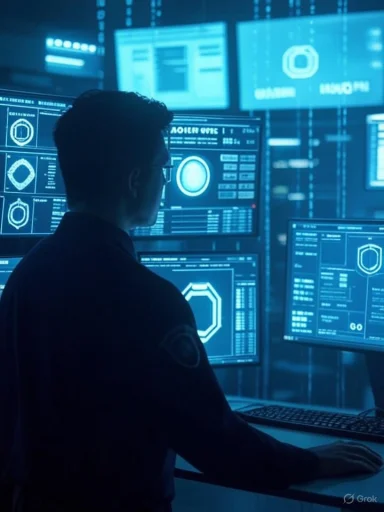 A security analyst monitors futuristic dashboards on multiple blue-lit screens.