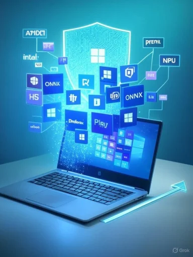 Blue holographic tiles rise from a laptop, symbolizing digital software and cybersecurity.