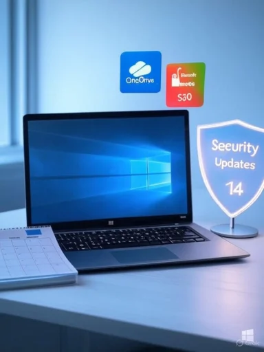 A laptop on a desk displays Windows, with a glowing “Security Updates 14” sign beside it.