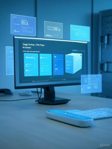 Futuristic desk setup with a monitor and floating blue holographic UI panels.