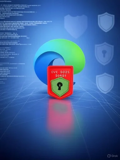 A red security badge with a green shield sits against a blue cyber-security backdrop.