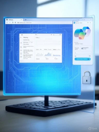 A glass computer screen displays a blue holographic circuit design with a padlock icon.