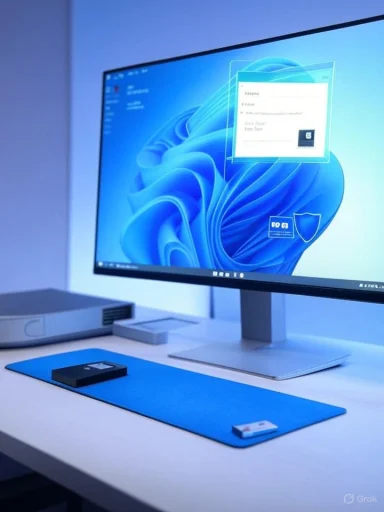 A sleek computer setup with a large monitor on a white desk, a blue desk mat, and small peripheral devices.