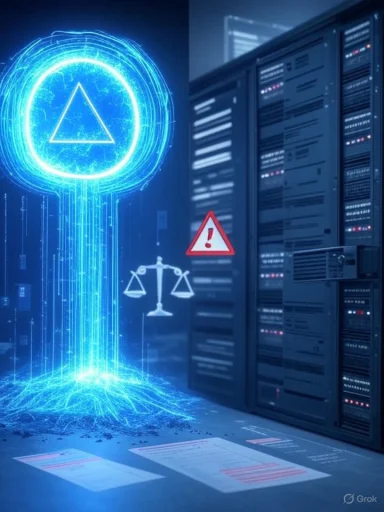 A futuristic data center with a glowing blue holographic triangle, and warning icons near server racks.