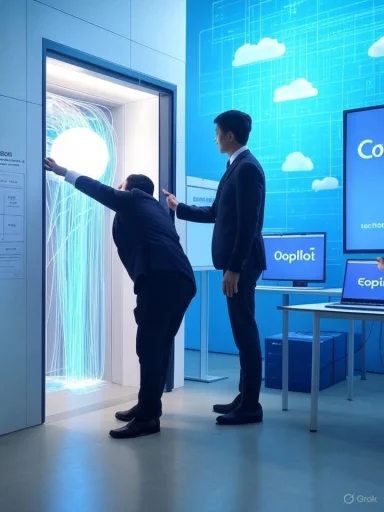 Two suited men observe a glowing, swirling data portal at a futuristic exhibit.