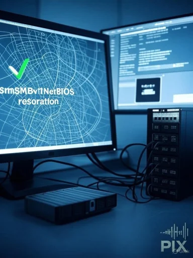 Blue-lit lab with two monitors showing network schematics and code, plus a server and tangled cables.