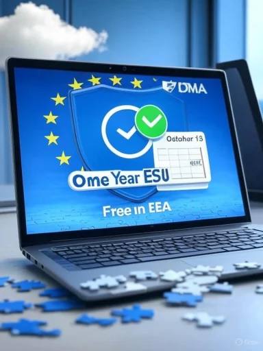 Laptop screen displays 'One Year ESU Free in EEA' with EU stars and puzzle pieces.