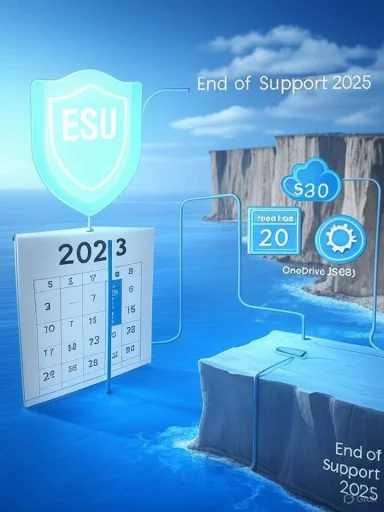 A graphic announcing End of Support 2025 for ESU, featuring a shield, calendar, and cloud icons.